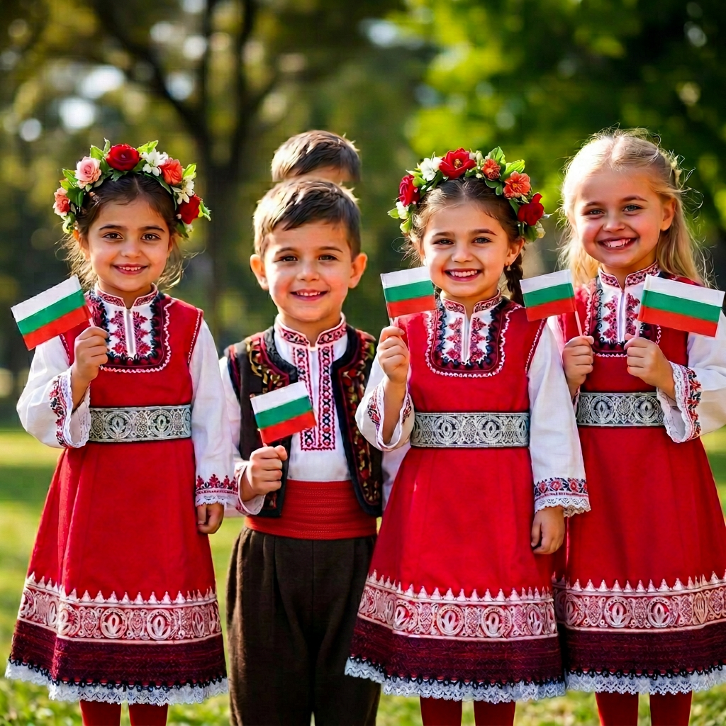 Bulgarian children in traditional folk costumes holding flags