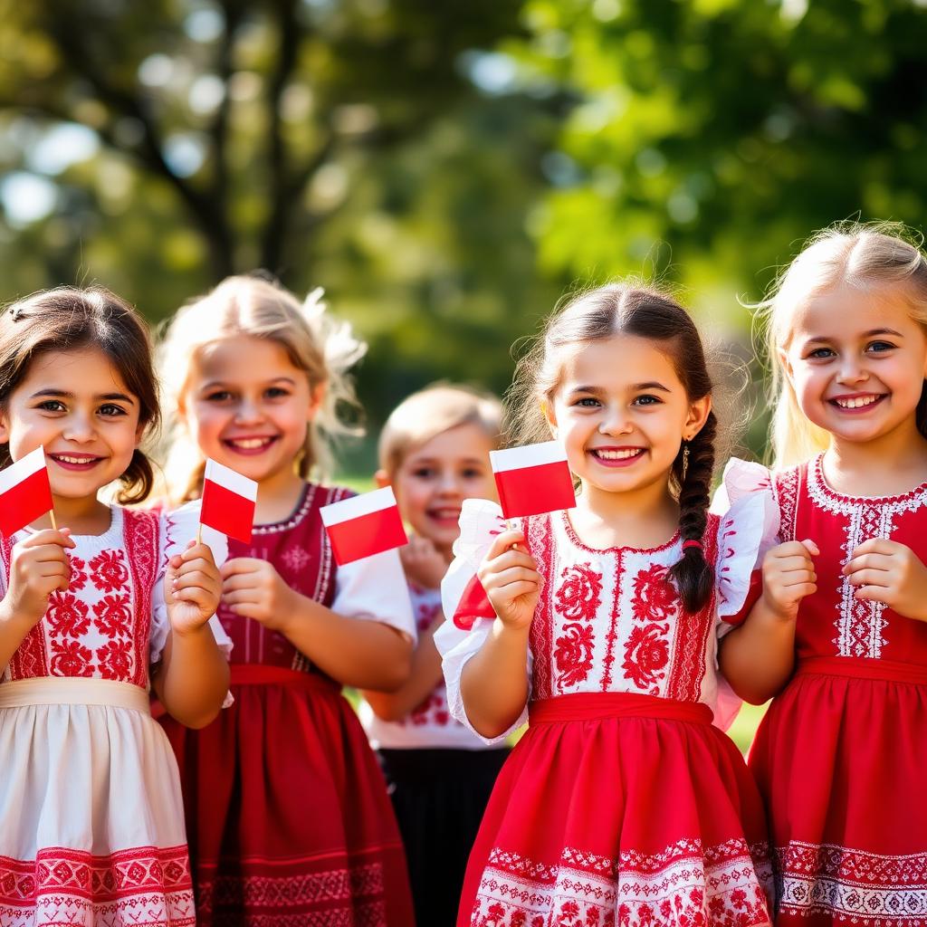 Bulgarian children in traditional folk costumes holding flags