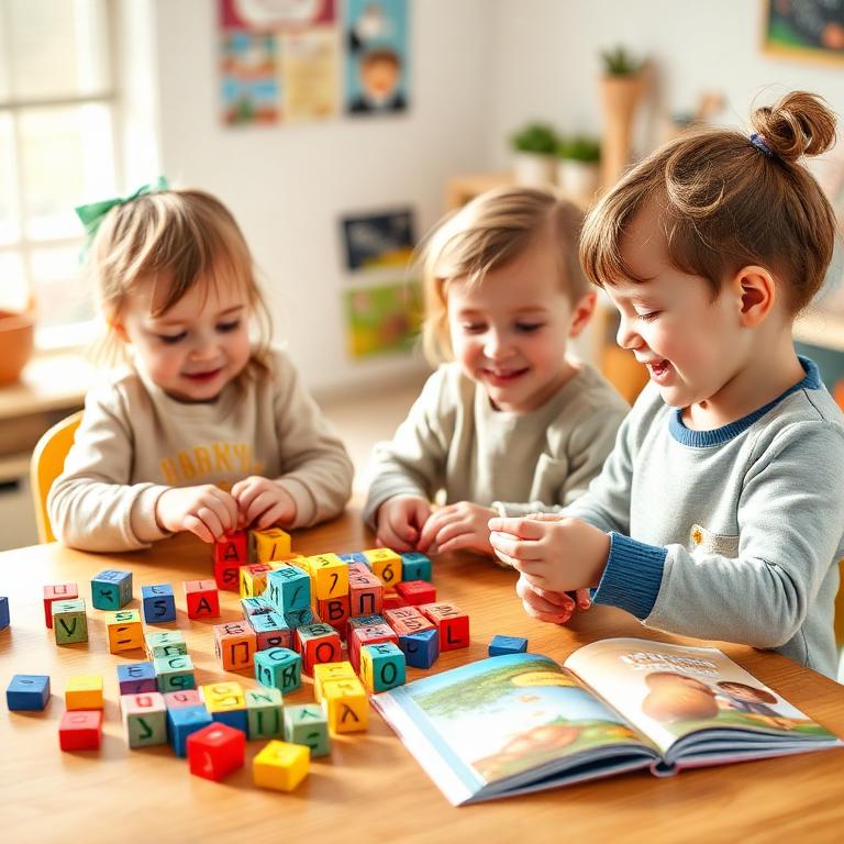 Young children playing with Cyrillic alphabet blocks